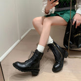 Botas de combate de vaca, diseño retro, gruesas, con cordones y cremallera trasera, color marrón y negro